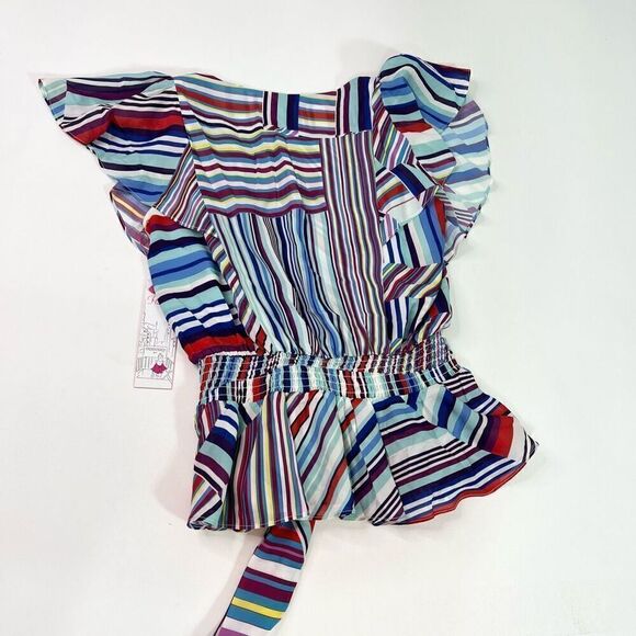 Parker Blouse Women small Multicolor Striped Flutter Sleeve Huntington Top new - Picture 7 of 9